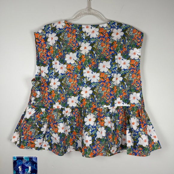 Entro Boutique Floral Sleeveless Bow Peplum Top Shirt T24095 Medium Blue Orange - Picture 8 of 10